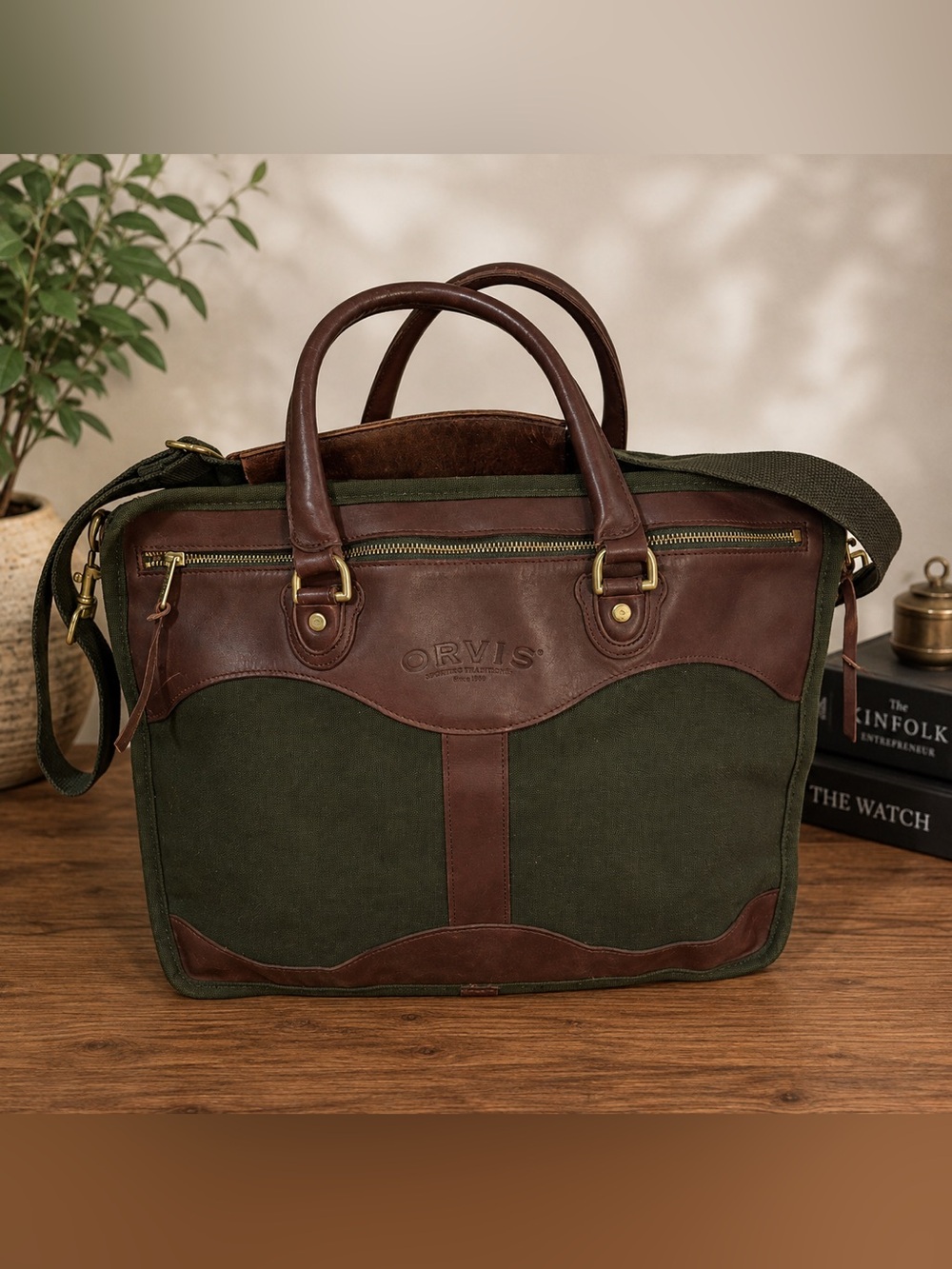 Orvis Battenkill Green Canvas Brown Leather Briefcase Messenger Laptop Bag
